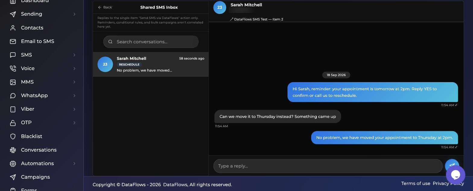 Shared SMS Inbox showing an example conversation classified as Reschedule