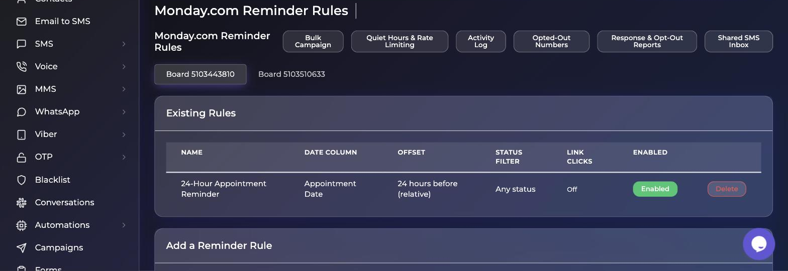 Reminder rules page showing a 24-Hour Appointment Reminder rule