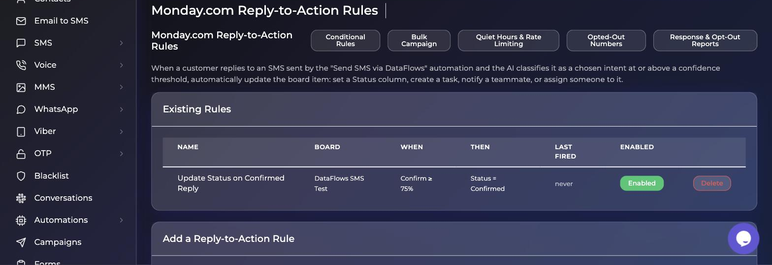 Reply-to-Action Rules page showing a rule that updates Status when a reply is confirmed at 75% confidence or higher